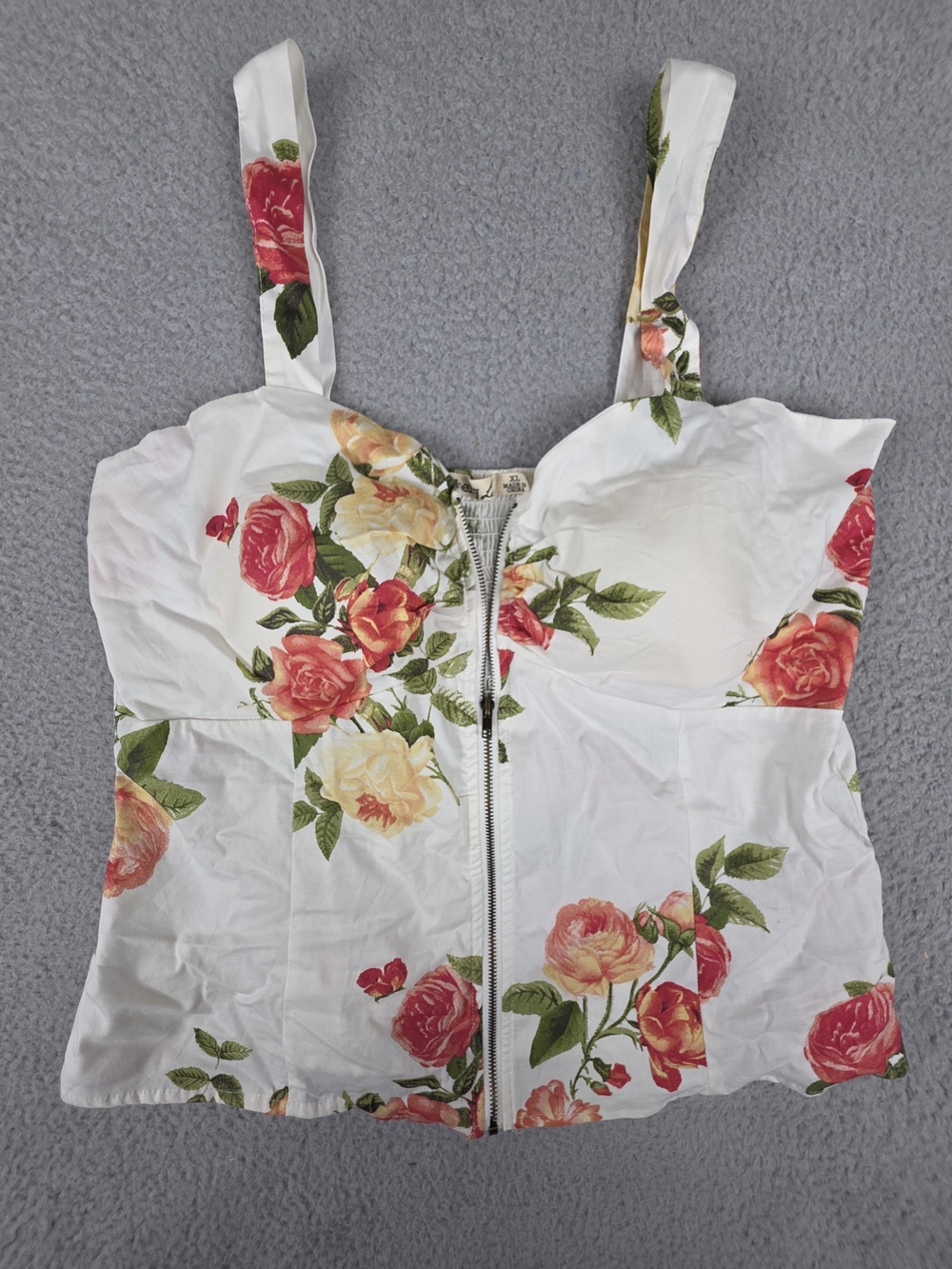 Liberty Love Bustier Tank Front Zip White w Pink Red Yellow Rose Print XL